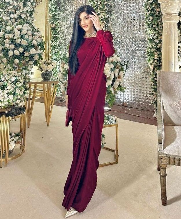 Maroon Velvet saree Mawra Hocaine Look for Farewell Party