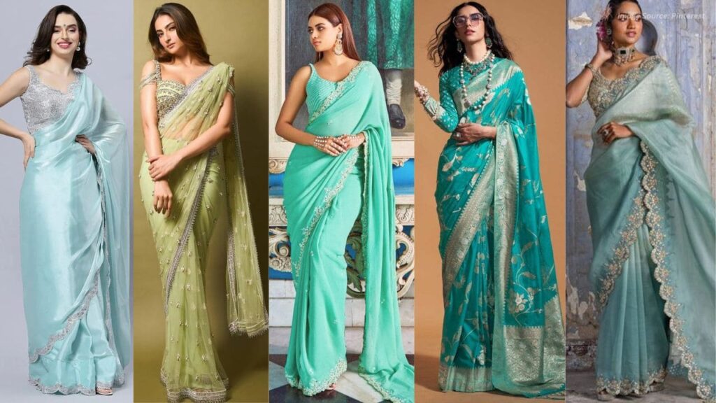 Pastel Shades of Pista Green, Turquoise Green, Jade Green, Sea Green Saree for Farewell Party